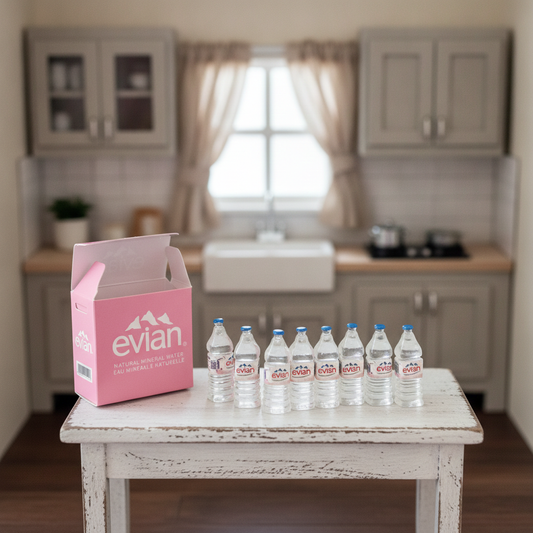 1:12 Scale Miniature Square Bottled Water Set – 8-Pack with Storage Box