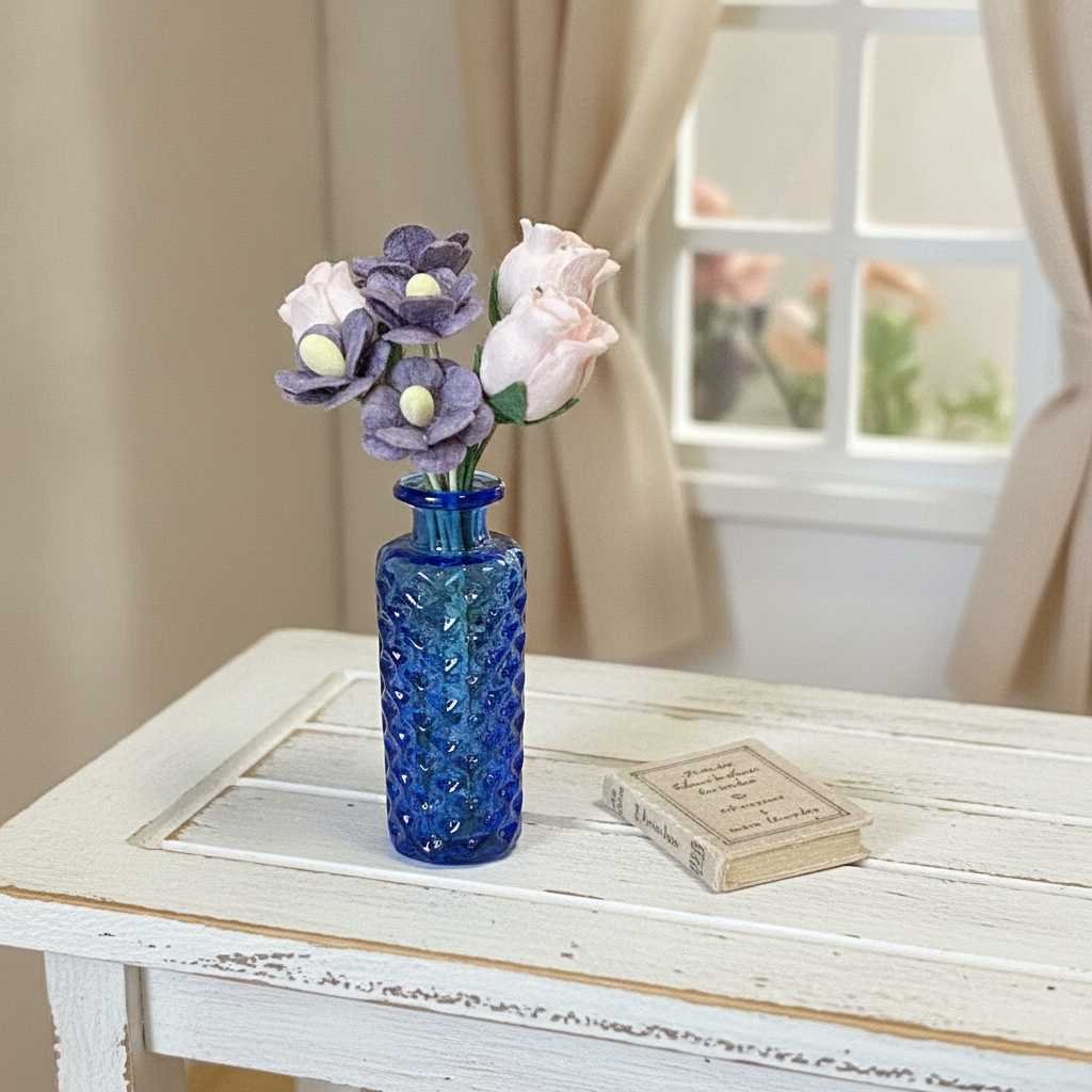 1:12 Scale Miniature Glass Vase with Paper Flowers – Handcrafted Dollhouse Floral Decor, 4 Colors