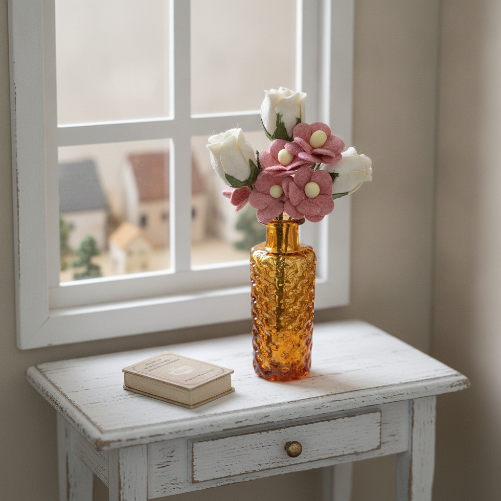 1:12 Scale Miniature Glass Vase with Paper Flowers – Handcrafted Dollhouse Floral Decor, 4 Colors