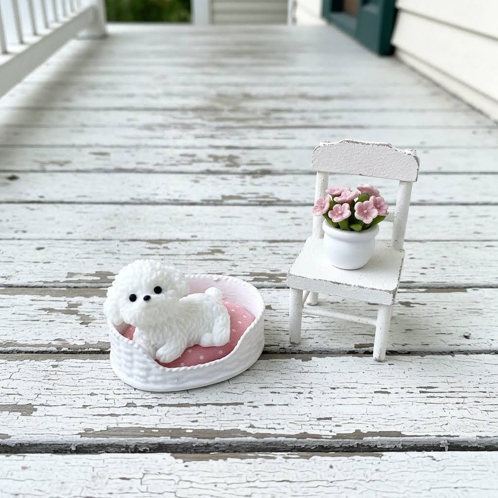 1:12 Scale Miniature Pet Bed with White Poodle & Cushion