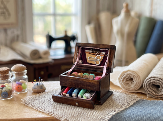 1:12 Scale Miniature Retro Sewing Kit – Wooden Sewing Box with Threads & Scissors