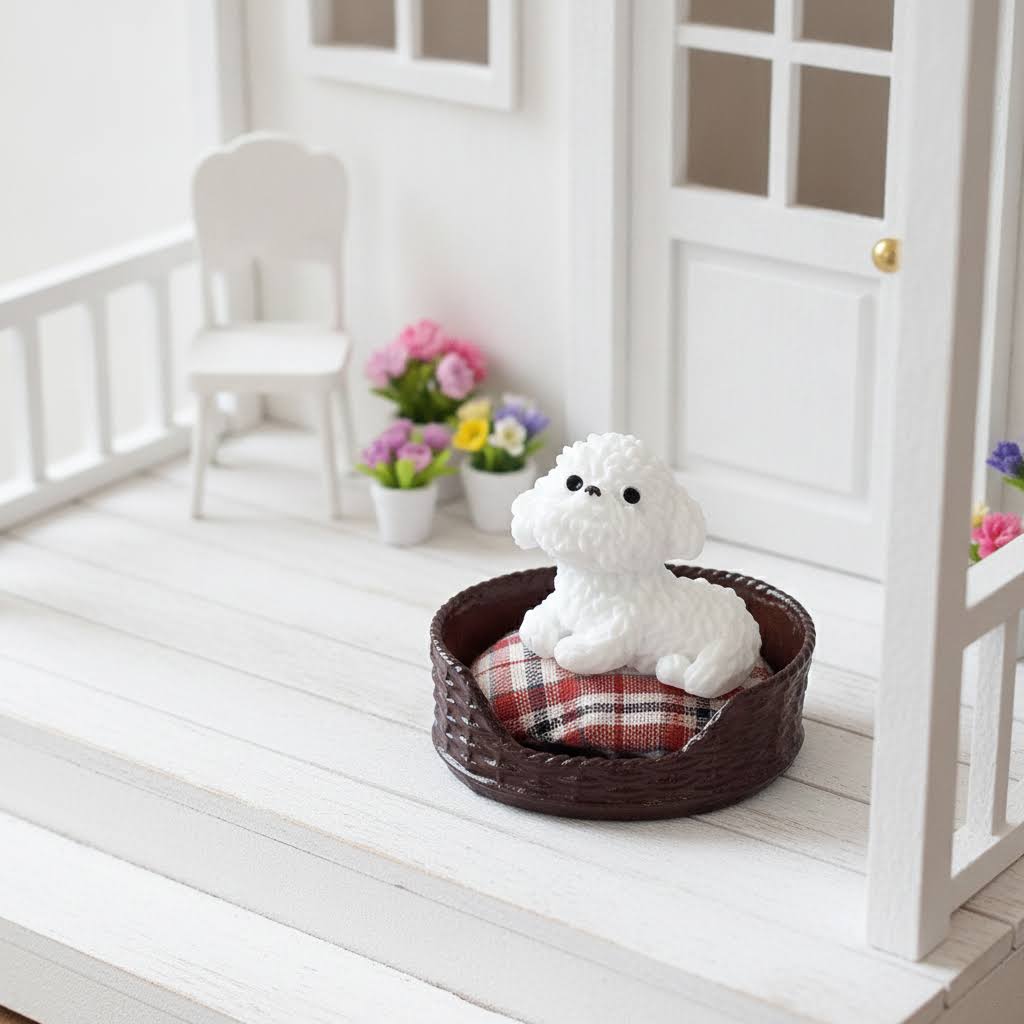 1:12 Scale Miniature Wicker Pet Bed with White Poodle – Dollhouse Pet Accessory