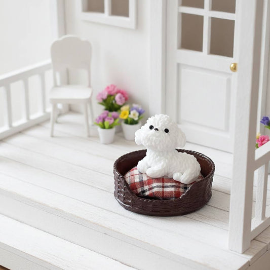 1:12 Scale Miniature Wicker Pet Bed with White Poodle – Dollhouse Pet Accessory