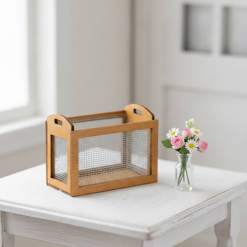 1:12 Scale Wooden Storage Basket with Wire Mesh Panels – Orange-Toned Stain