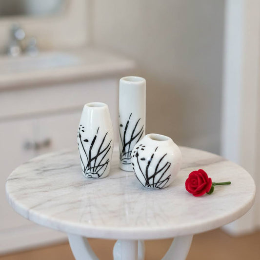 1:12 Scale Miniature White Ceramic Vases with Black Branch Design – Set of 3
