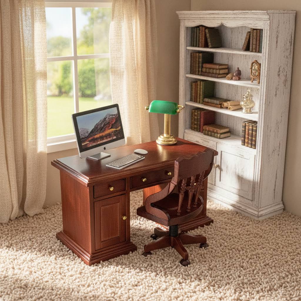 1:12 Scale Miniature Desktop Computer Set – Metal Silver Monitor with Keyboard & Mouse, Dollhouse Office Electronics