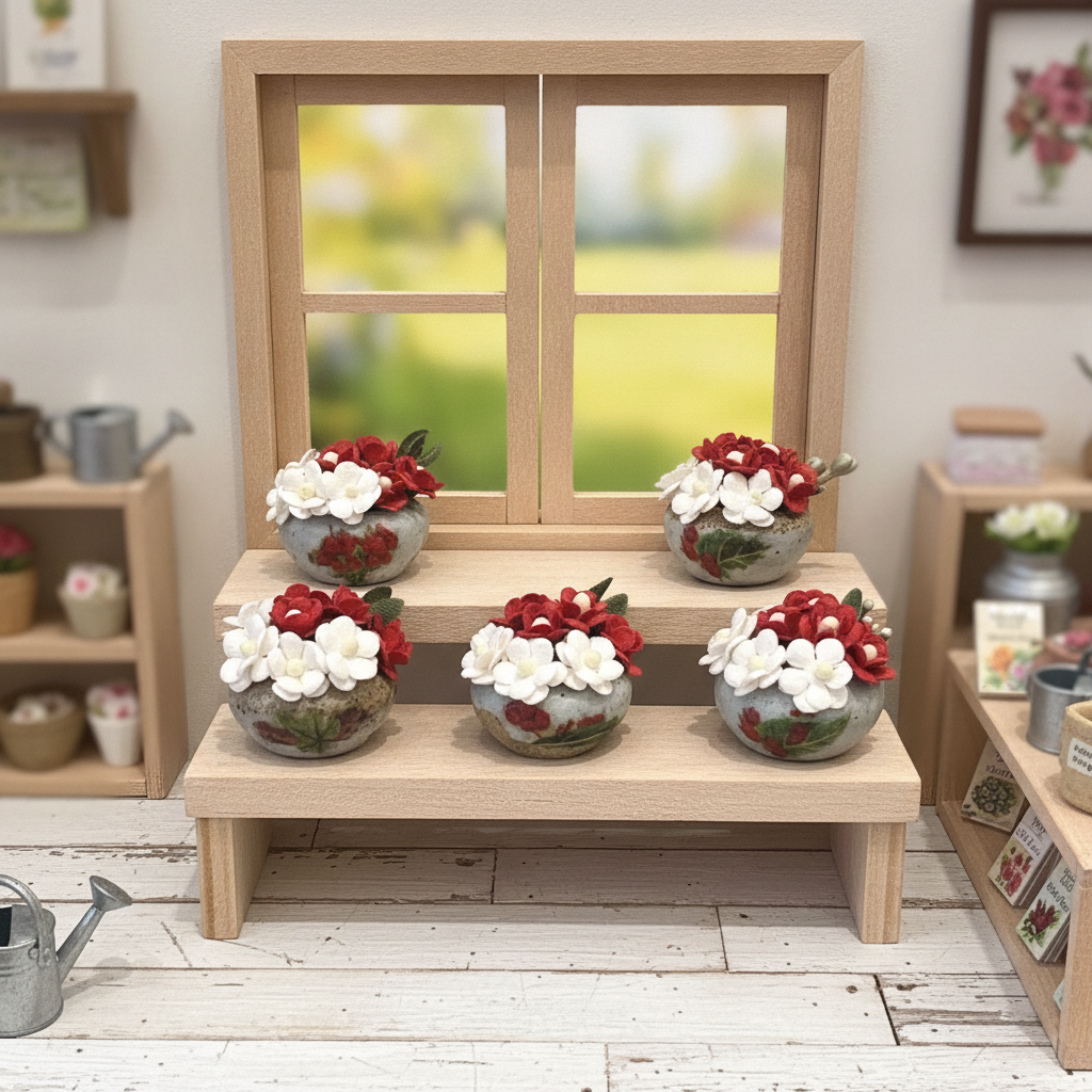 1:12 Scale Miniature Ceramic Vase with Red & White Mulberry Paper Flowers – 5 Variants