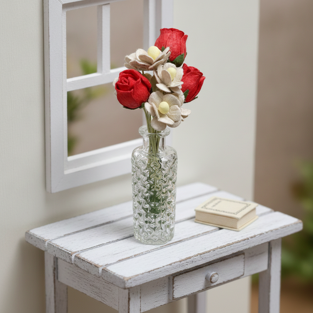 1:12 Scale Miniature Glass Vase with Paper Flowers – Handcrafted Dollhouse Floral Decor, 4 Colors