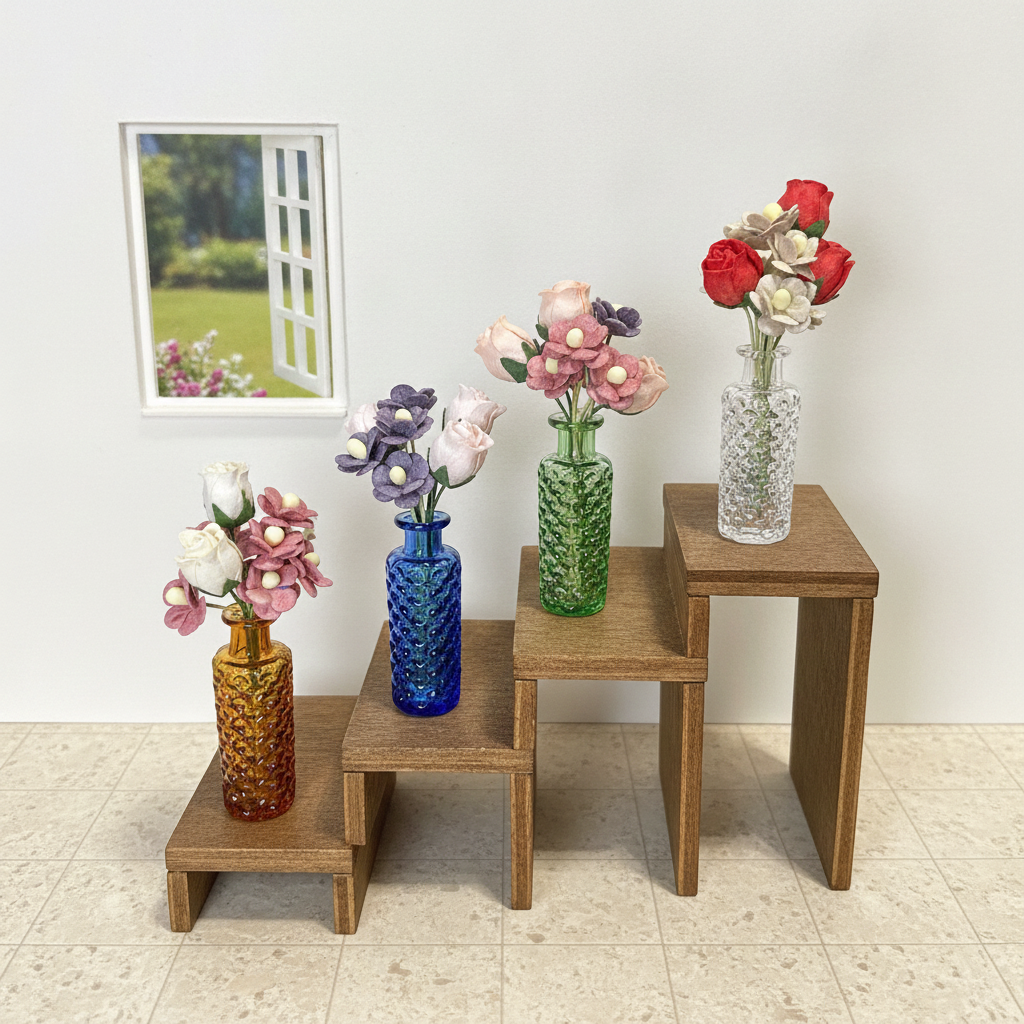 1:12 Scale Miniature Glass Vase with Paper Flowers – Handcrafted Dollhouse Floral Decor, 4 Colors