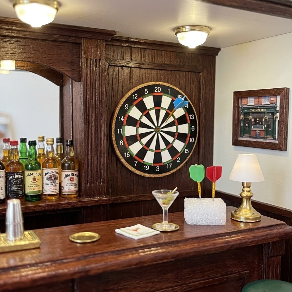 1:12 Scale Miniature Cork Dart Board with Darts – Dollhouse Game Room Wall Decor