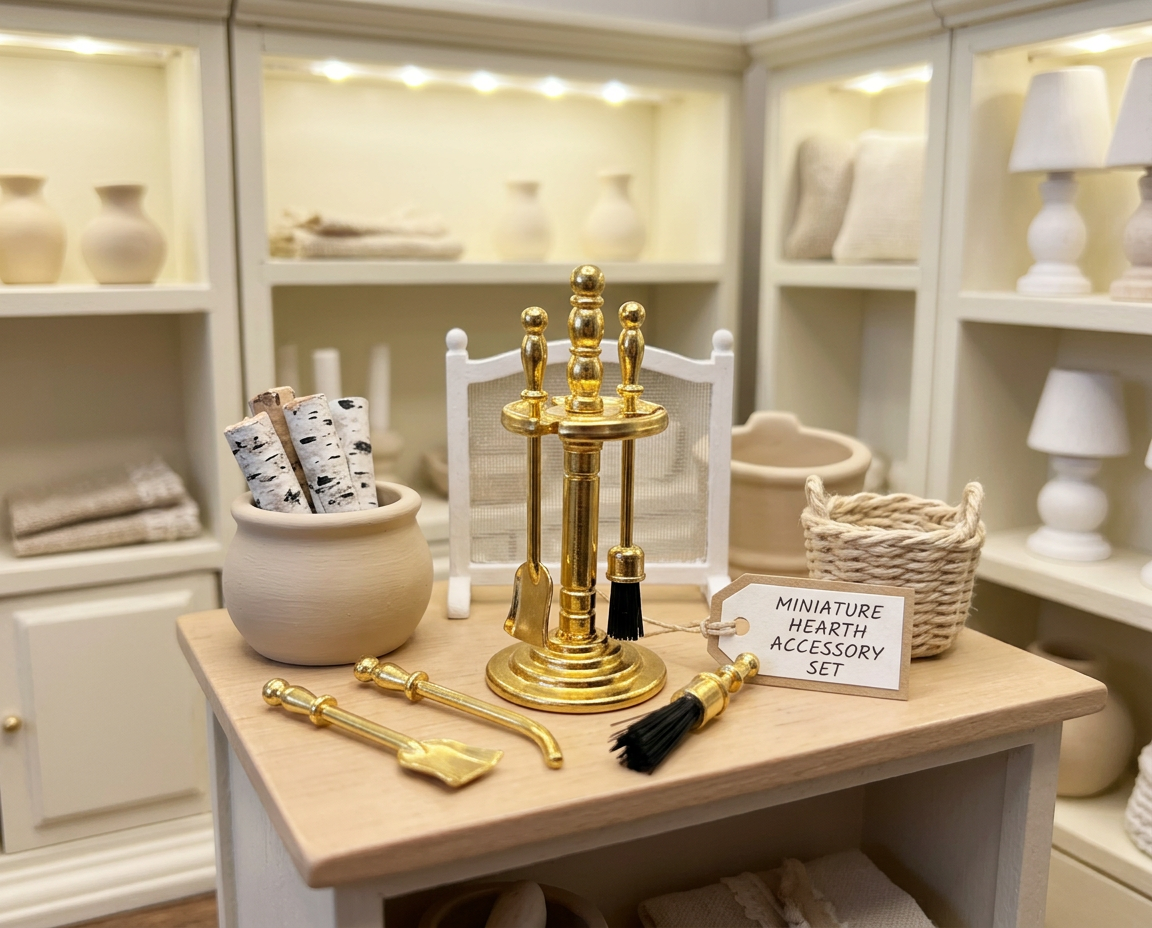 1:12 Scale Miniature Gold-Tone Fireplace Tool Set – 4-Piece Metal Dollhouse Fireplace Accessories