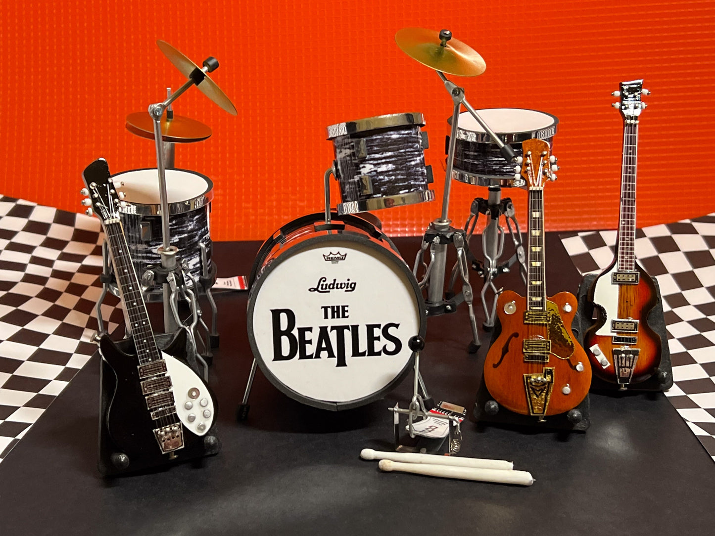 Dollhouse Beatles Ringo Starr Drum Set with Guitars - 1:6 Scale - Miniature Music Room Decor __etsy:5732592287