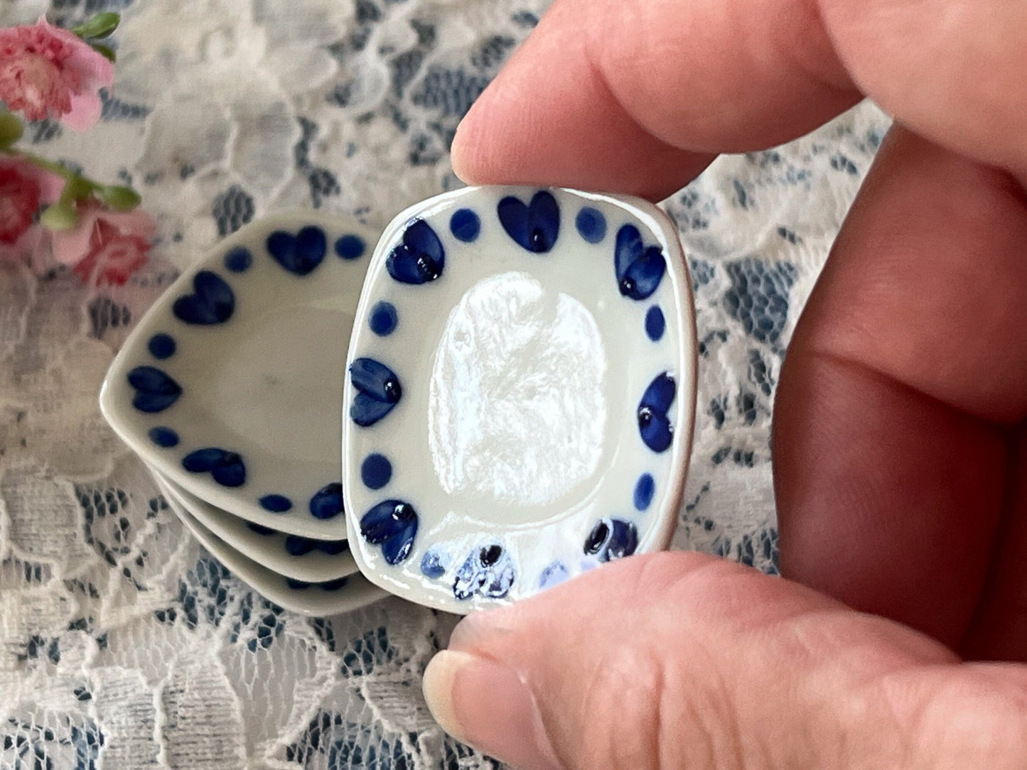 Dollhouse Miniature Dinner Plates – 1:6 Scale Square Plate Set of 4 | White with Blue Hearts | Dollhouse Kitchen or Dining Room Decor __etsy:6286477101