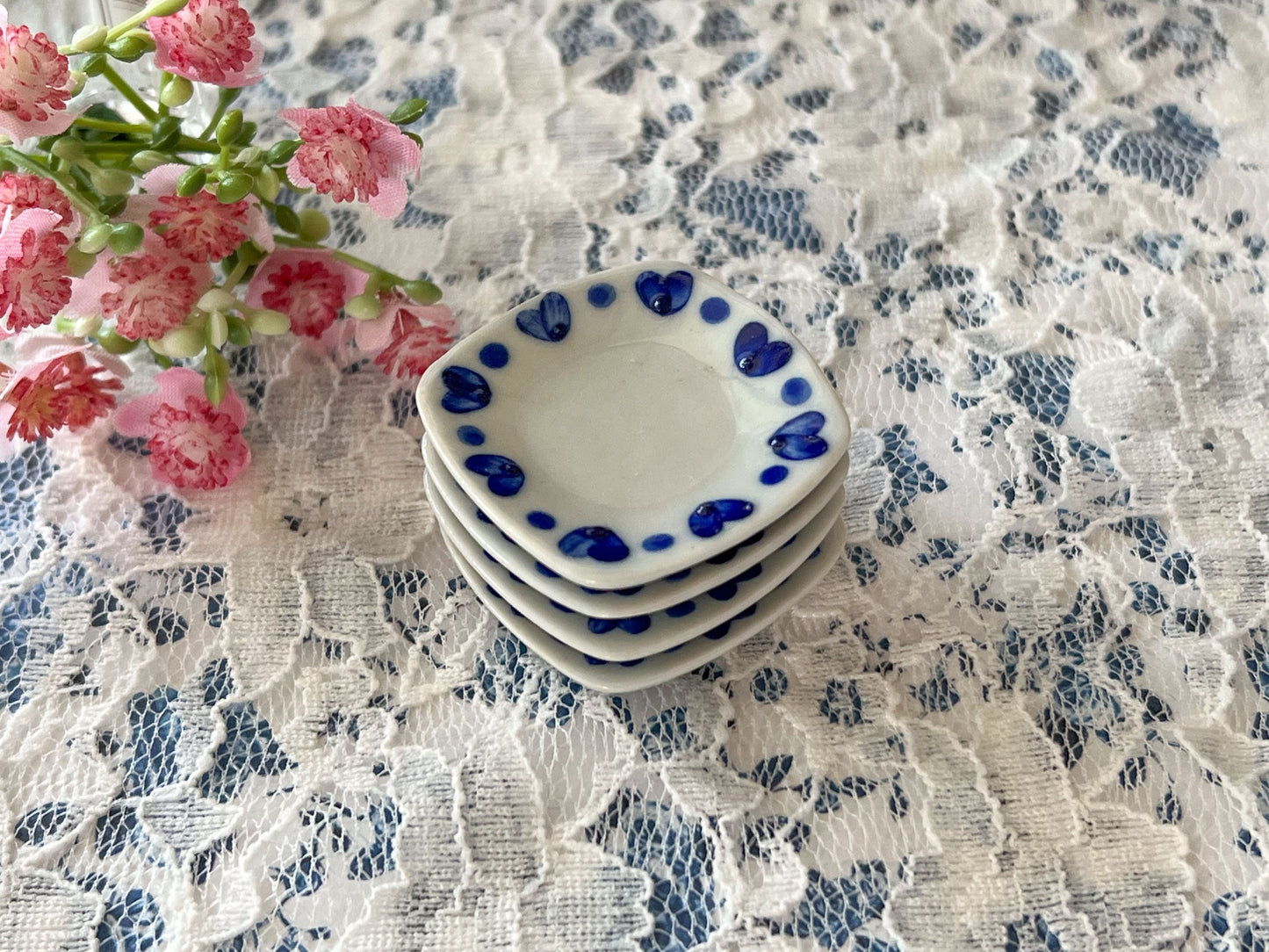 Dollhouse Miniature Dinner Plates – 1:6 Scale Square Plate Set of 4 | White with Blue Hearts | Dollhouse Kitchen or Dining Room Decor __etsy:6238420390