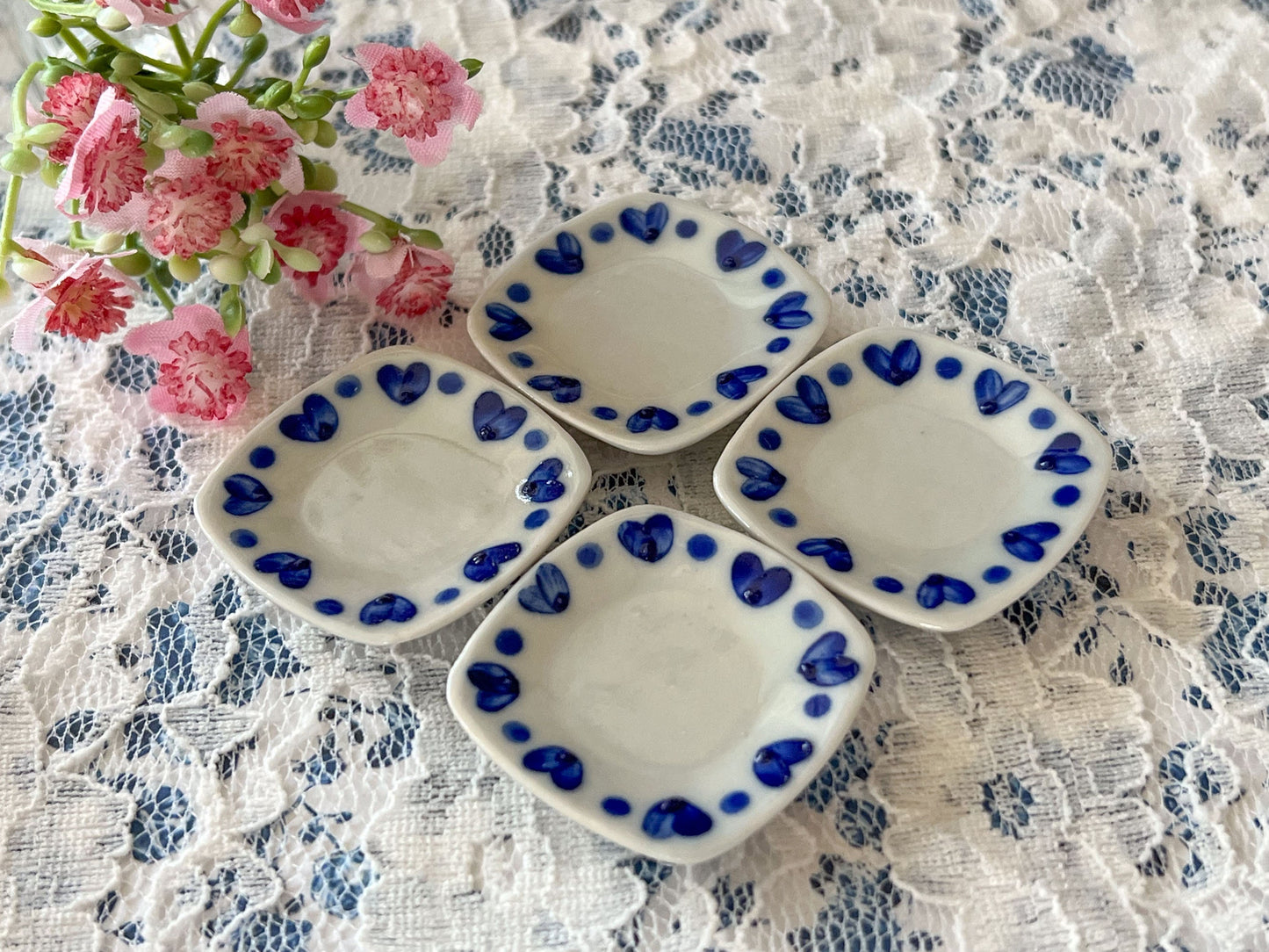 Dollhouse beautiful 1:6 square white with blue hearts set of 4 dinner plates, these cuties are perfectly handcrafted; their unique color will make a stylish statement at dinner parties. __etsy:6238420382