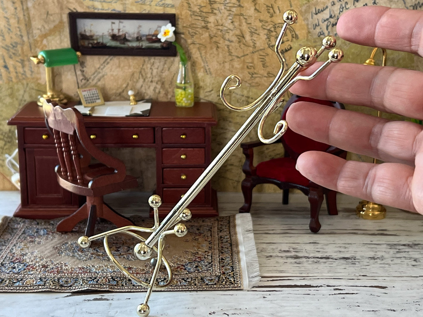 Dollhouse Miniature Golden Coat Rack, 1:12 Scale Hall Accessory __etsy:6011378323