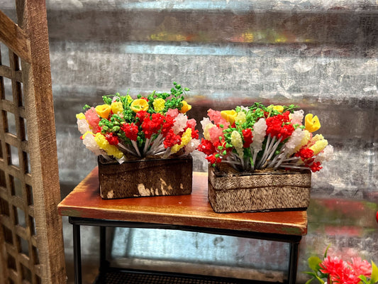 This adorable planter box is made of dark/light wood and decorated with multi color polymer clay tiny flowers. Complement your dollhouse yard with this colorful cutie. __etsy:5722515412