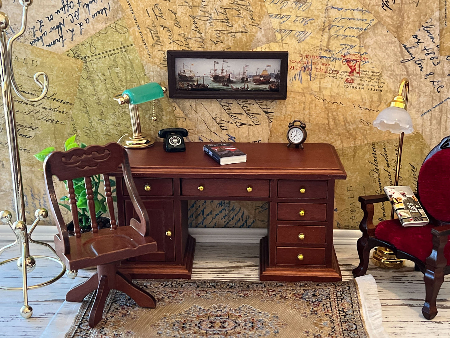 Dollhouse Miniature Retro Banker's Desk with Chair - 1:12 Scale Dollhouse Furniture __etsy:5787916061