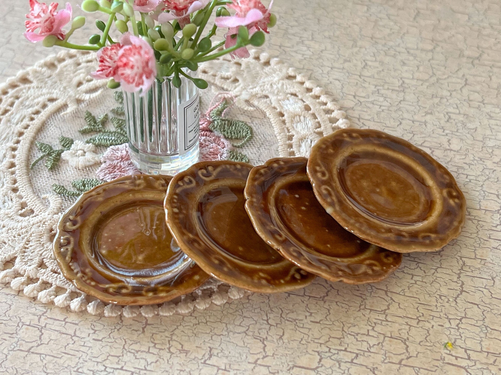 Dollhouse Miniature Round Brown-Beige Dinner Plate Set – 1:6 Scale Dollhouse Ceramic Tableware (Set of 4) Dollhouse Table Decor __etsy:6235784056