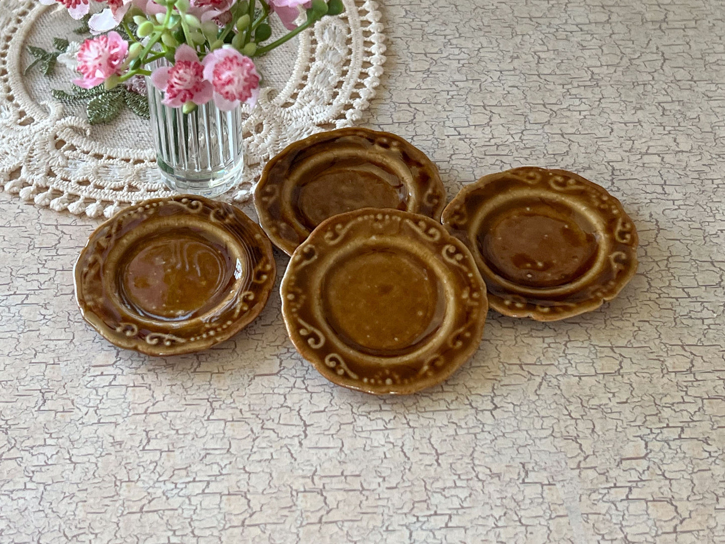 Dollhouse Miniature Round Brown-Beige Dinner Plate Set – 1:6 Scale Dollhouse Ceramic Tableware (Set of 4) Dollhouse Table Decor __etsy:6235784060