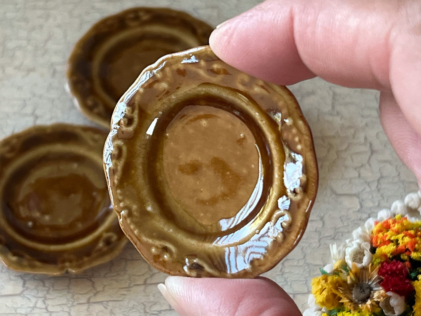 Dollhouse Miniature Round Brown-Beige Dinner Plate Set – 1:6 Scale Dollhouse Ceramic Tableware (Set of 4) Dollhouse Table Decor __etsy:6235783946