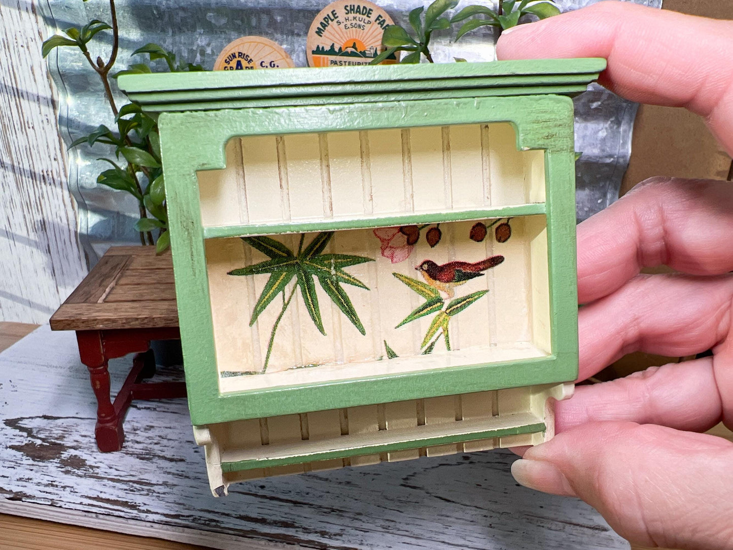 Dollhouse Miniature Wall Hanging Shelf – 1:12 Scale Yellow Wooden Shelf - A Charming Country-Style Shelf for Your Dollhouse Kitchen! __etsy:6681355581