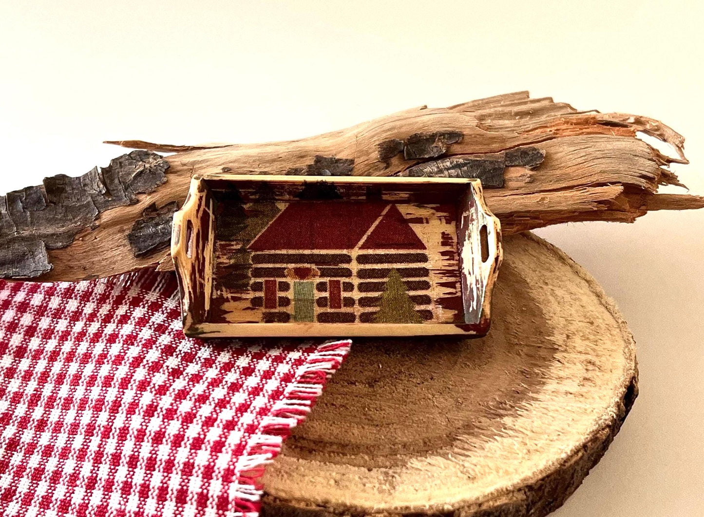 Dollhouse Miniature Wood Tray – Cabin Decoupage, 1:12 Scale __etsy:7322076579