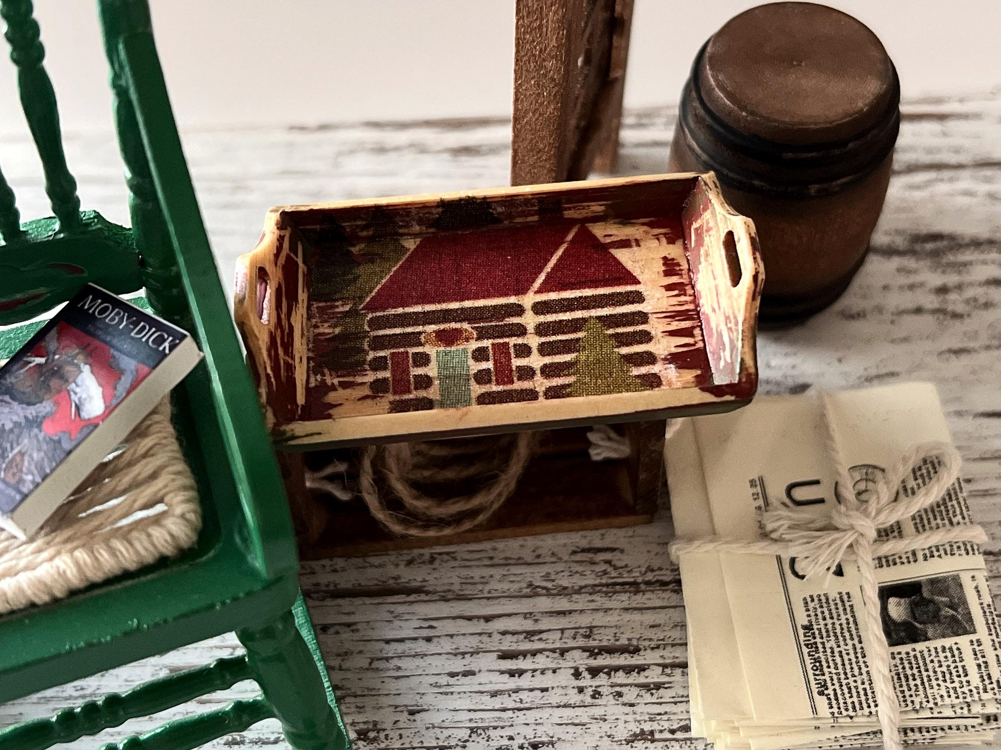 Dollhouse Miniature Wood Tray – Cabin Decoupage, 1:12 Scale __etsy:7274120692