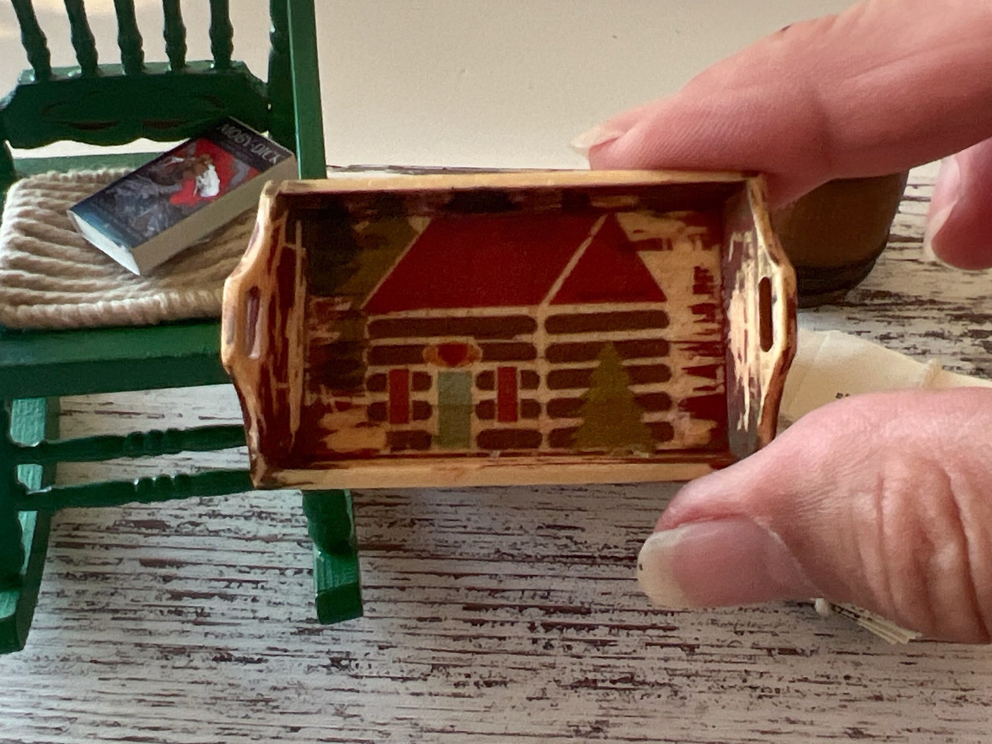 Dollhouse Miniature Wood Tray – Cabin Decoupage, 1:12 Scale __etsy:5448140354