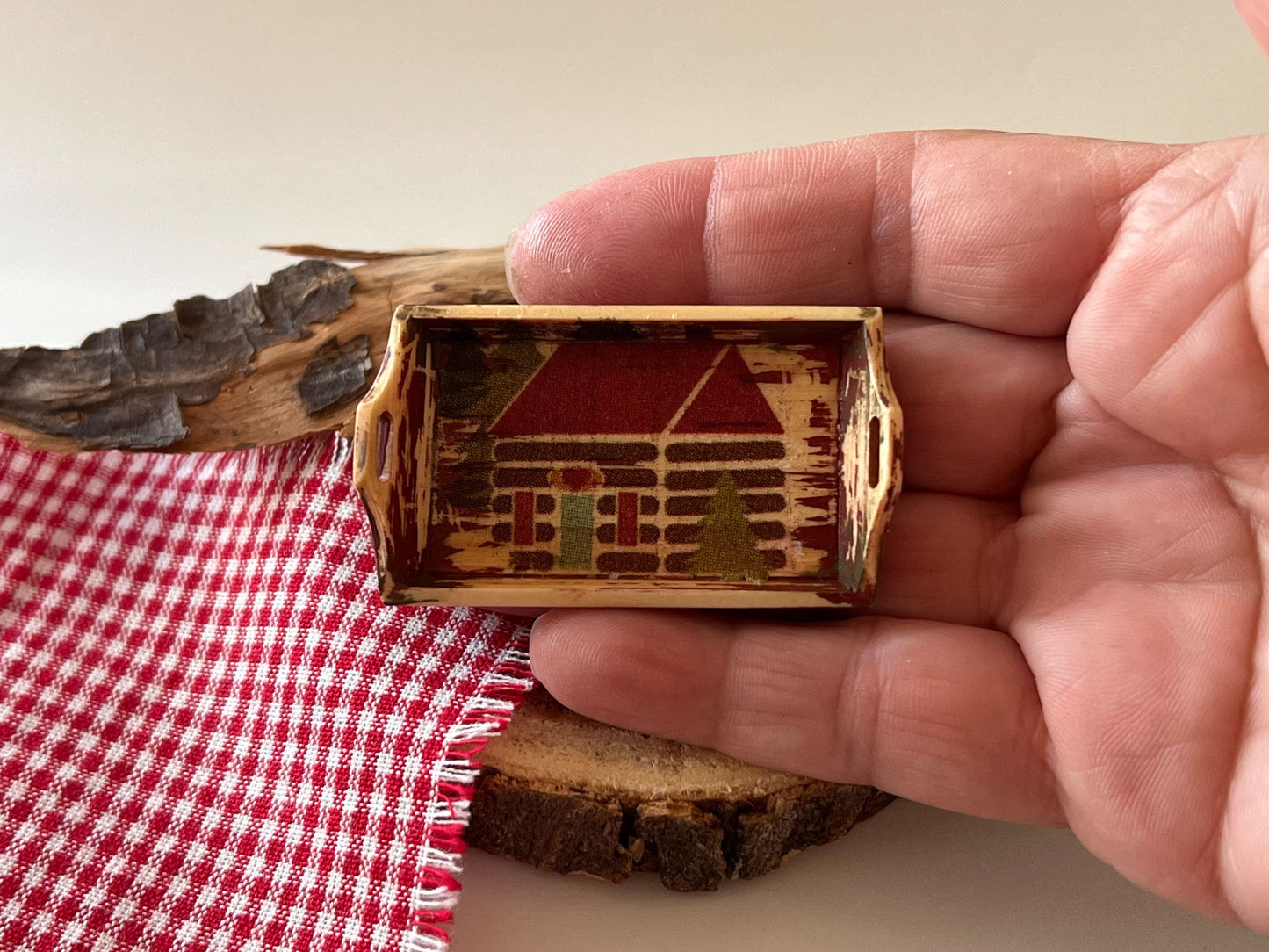 Dollhouse Miniature Wood Tray – Cabin Decoupage, 1:12 Scale __etsy:5448140260