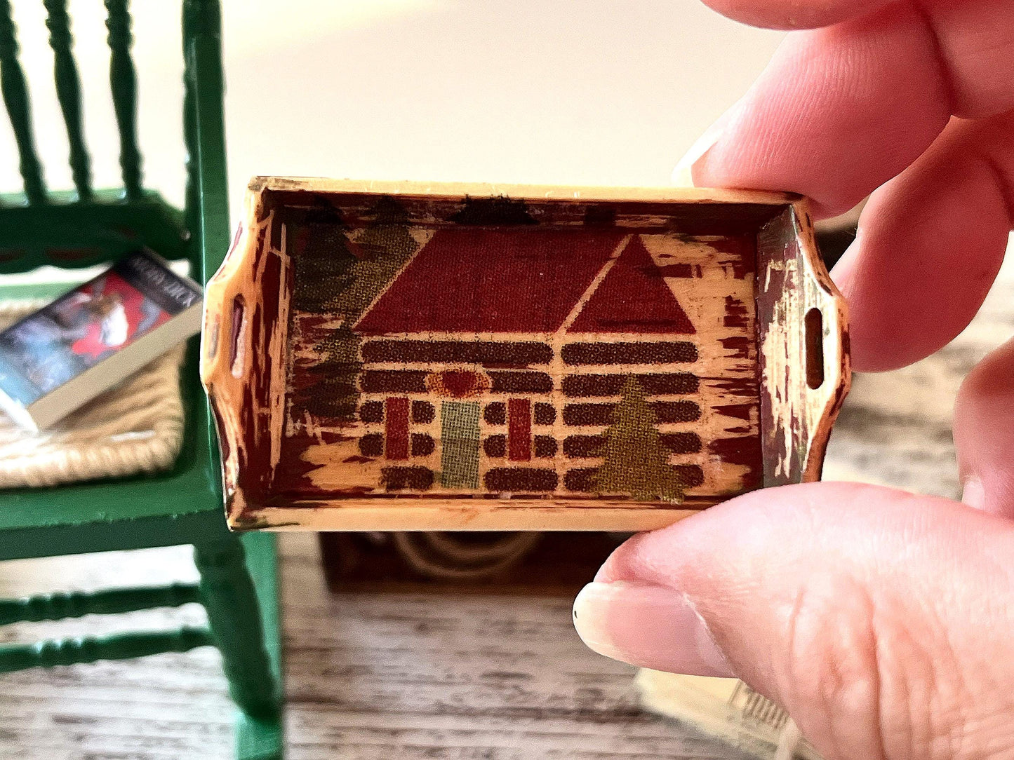 Dollhouse Miniature Wood Tray – Cabin Decoupage, 1:12 Scale __etsy:7274123314