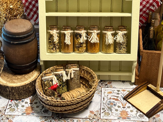 Look at this adorable 9 pc set in a glass container of REAL! spices and herbs, make your dollhouse kitchen scene realistic with this set, it comes with the following: fennel, cinnamon, ginger, paprika, cumin, anis, basil, parsley, and black pepper. __etsy:5761326582