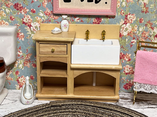 1:12 Scale Miniature Porcelain Bathroom Set – Pink Rose & Gold Dollhouse Accessories