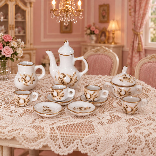 1:12 Scale Miniature 13-Piece Porcelain Tea Set – White & Gold Dollhouse Tea Service