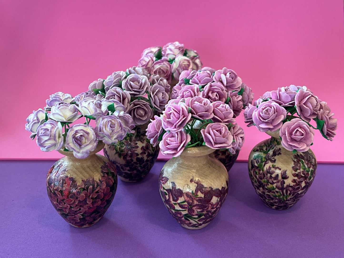 1:6 Scale Miniature Wood Vase with Purple Paper Roses – Dollhouse Table Decor Accessory