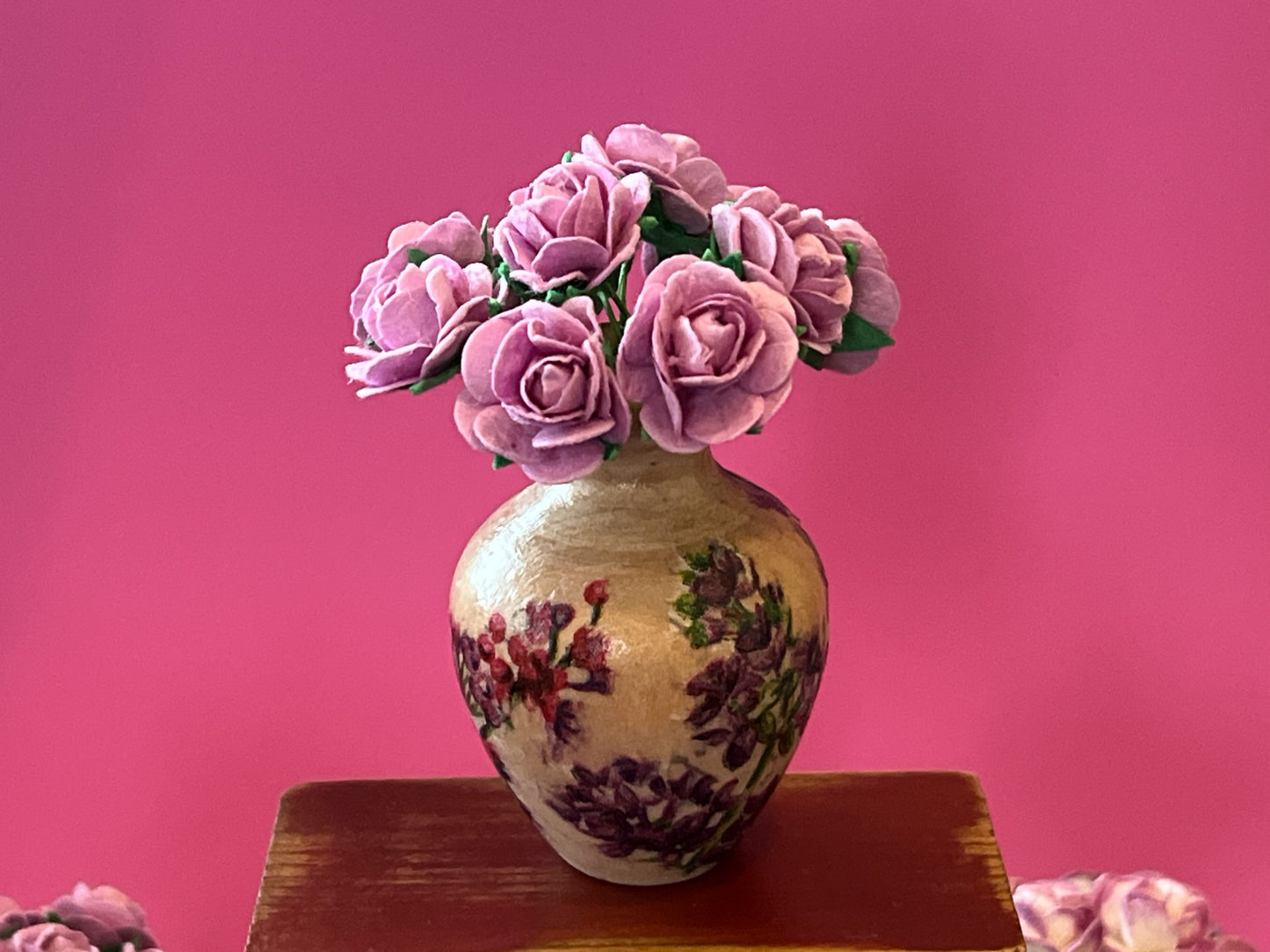 1:6 Scale Miniature Wood Vase with Purple Paper Roses – Dollhouse Table Decor Accessory