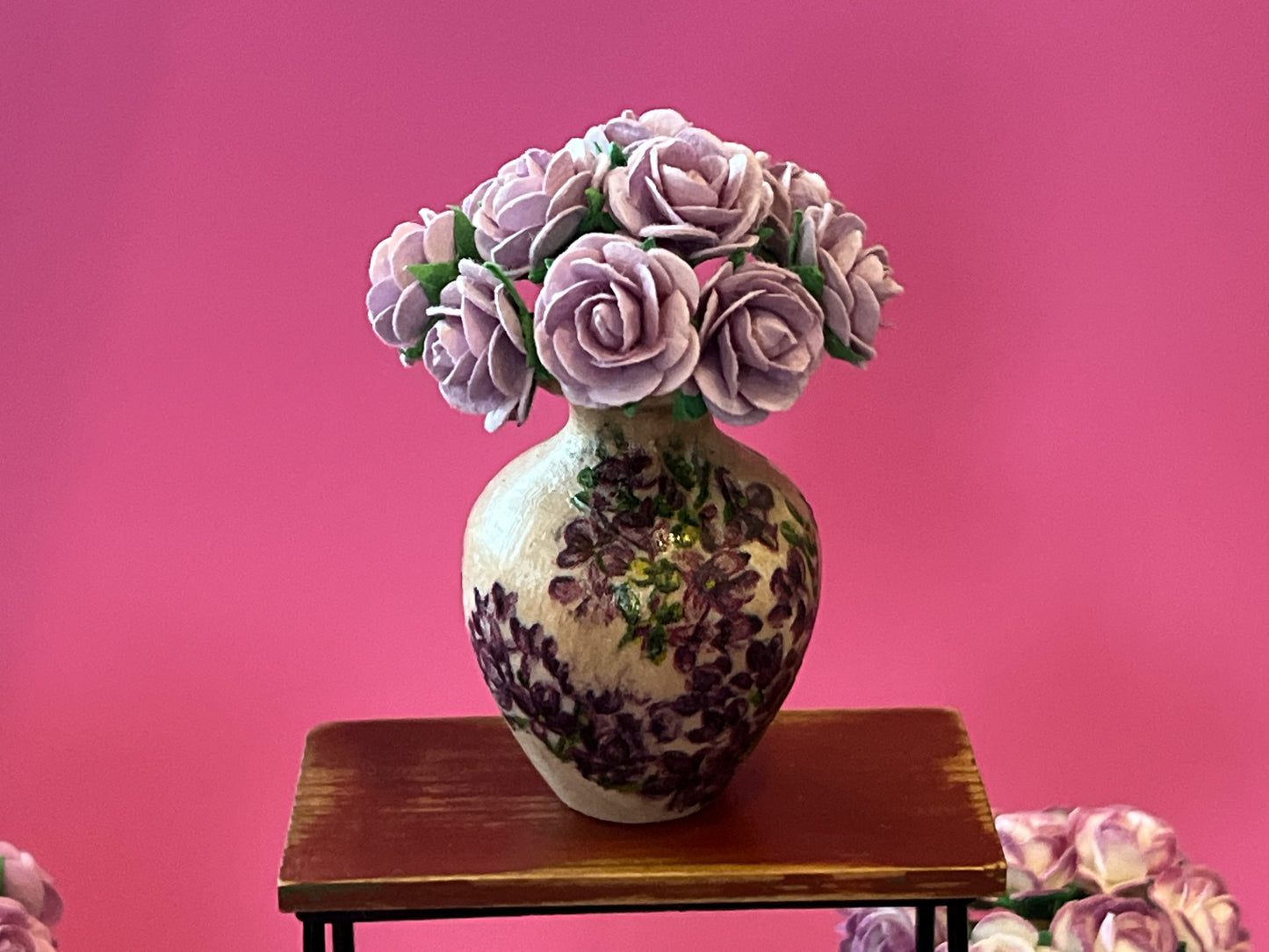 1:6 Scale Miniature Wood Vase with Purple Paper Roses – Dollhouse Table Decor Accessory