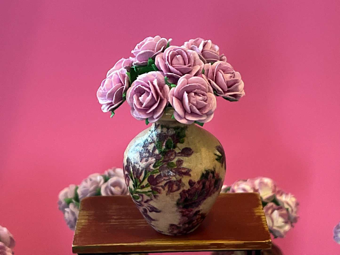 1:6 Scale Miniature Wood Vase with Purple Paper Roses – Dollhouse Table Decor Accessory