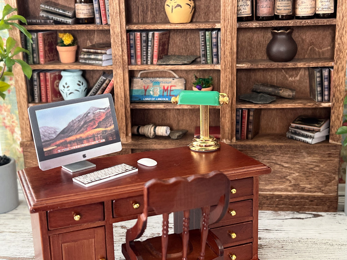 1:12 Scale Miniature Desktop Computer Set – Metal Silver Monitor with Keyboard & Mouse, Dollhouse Office Electronics