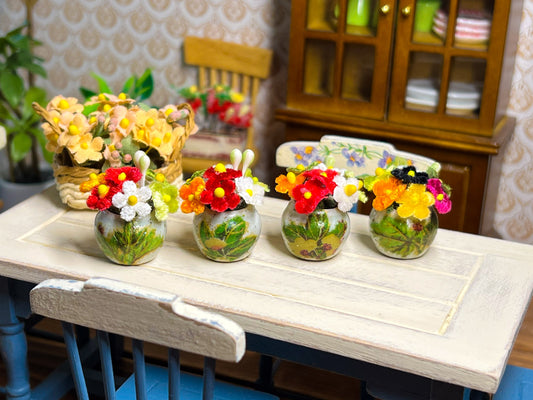 1:12 Scale Miniature Hand-Decorated Ceramic Flower Pot with Velvet Flowers – 4 Styles | Dollhouse Floral Arrangement