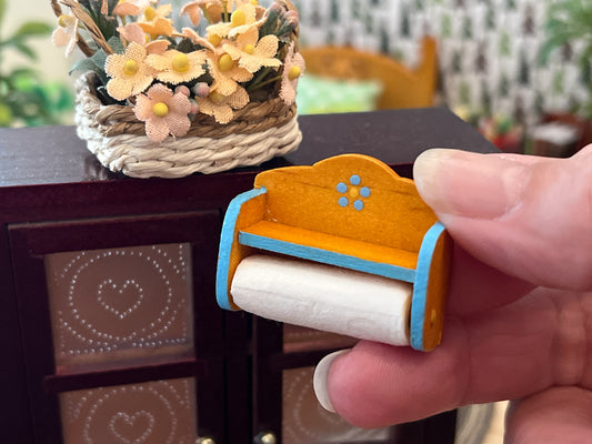 1:12 Scale Miniature Wooden Paper Towel Holder with Roll – Beige or Blue Trim | Dollhouse Kitchen Accessory