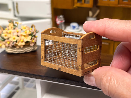 1:12 Scale Wooden Storage Basket with Wire Mesh Panels – Natural Warm-Toned Stain
