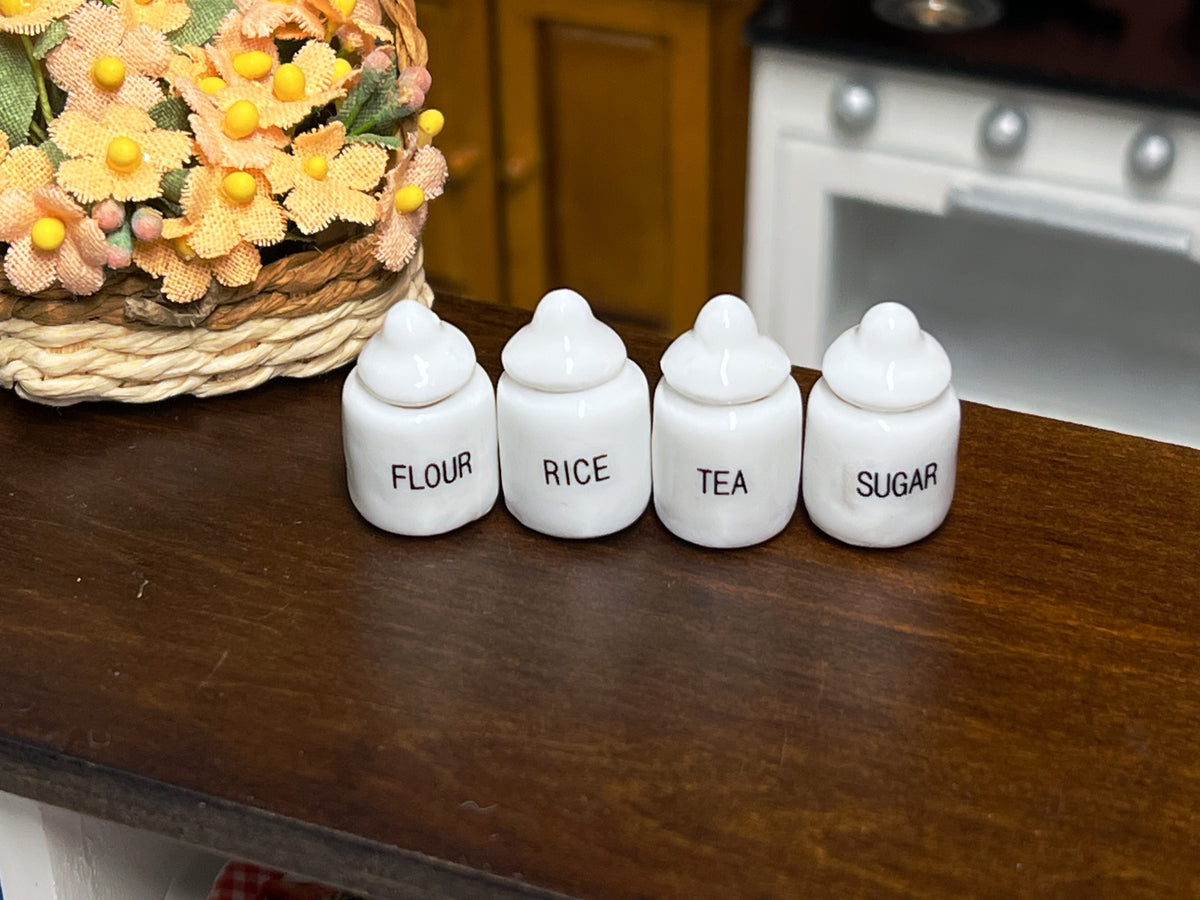 1:12 Miniature White Ceramic Kitchen Canister Set – 4 Pieces
