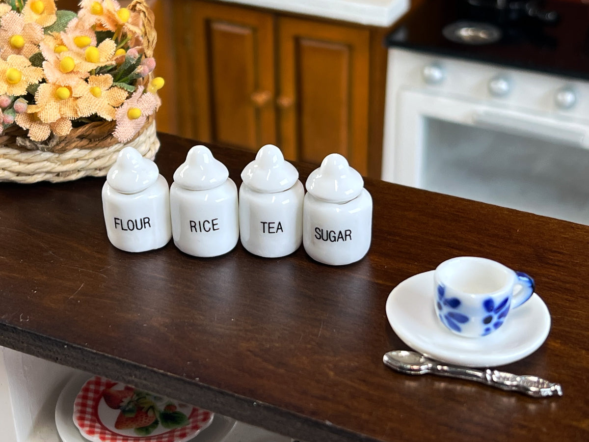 1:12 Miniature White Ceramic Kitchen Canister Set – 4 Pieces