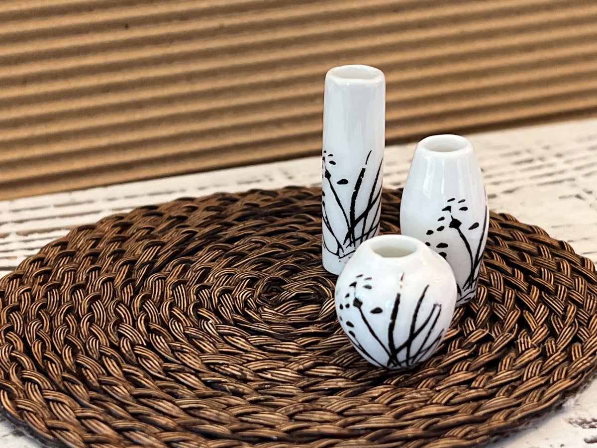 1:12 Scale Miniature White Ceramic Vases with Black Branch Design – Set of 3