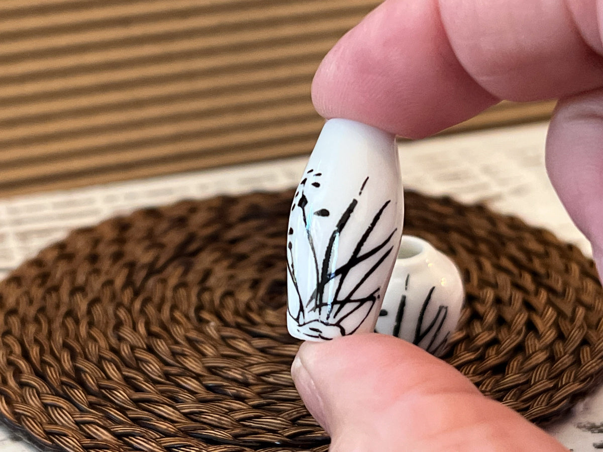 1:12 Scale Miniature White Ceramic Vases with Black Branch Design – Set of 3