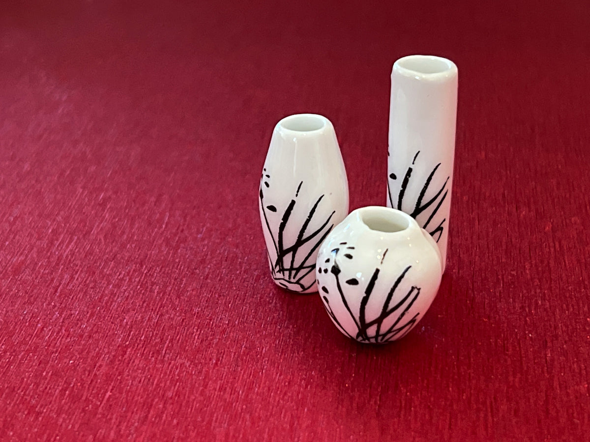 1:12 Scale Miniature White Ceramic Vases with Black Branch Design – Set of 3