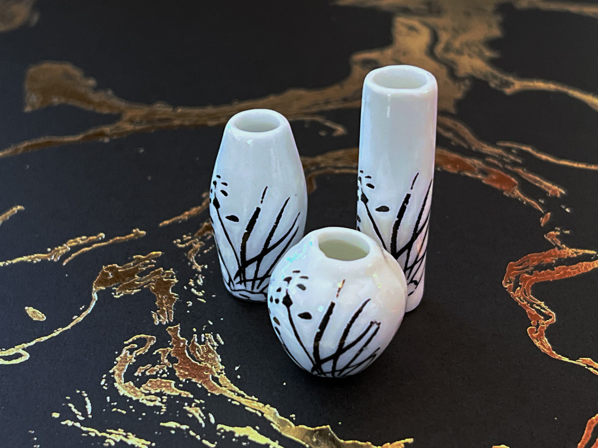 1:12 Scale Miniature White Ceramic Vases with Black Branch Design – Set of 3