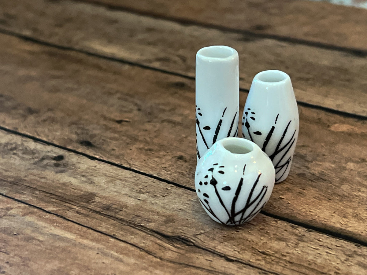 1:12 Scale Miniature White Ceramic Vases with Black Branch Design – Set of 3
