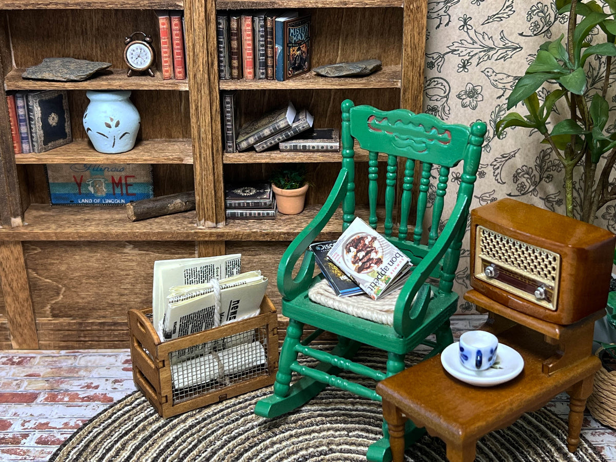 1:12 Scale Miniature Green Wooden Rocking Chair with Woven Cord Seat